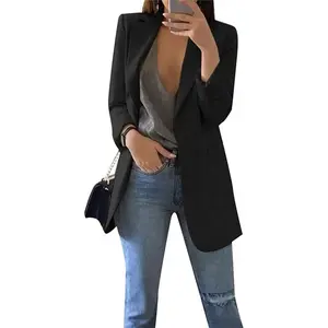 Womens Solid Color Open Front Blazer Long Sleeve Office Jacket Work Cardigan with Pockets Plus Size