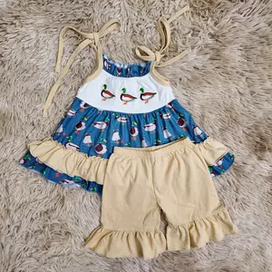 Straps duck embroidery ruffle tunic & cotton shorts set hunting kids girls boutique outfits