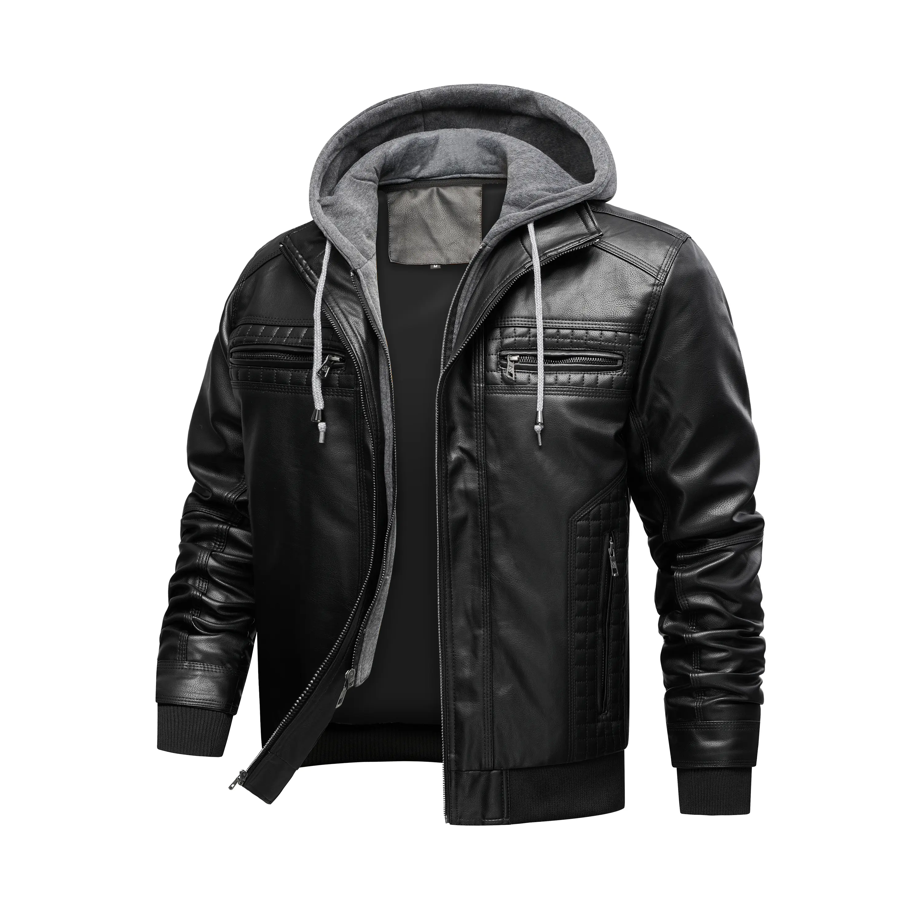 INVACHI Men's PU Leather Hooded Double-Zipper Waterproof Anti-Wear Bomber Jacket Coat - Menswear Motorcycle Outfit Outdoor Detachable Biker Outerwear (XL), Leather Jacket, Outdoor Jacket
