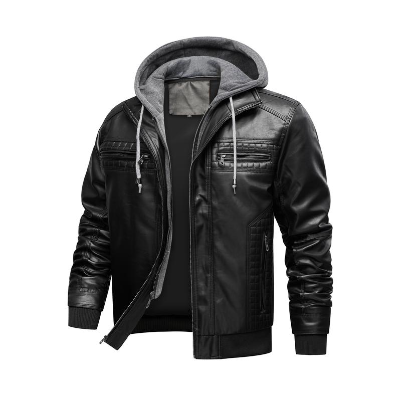 INVACHI Men's PU Leather Hooded Double-Zipper Waterproof Anti-Wear Bomber Biker Coats - Casual Detachable Zipper Jacket for Motorcycle Outfit (XL)