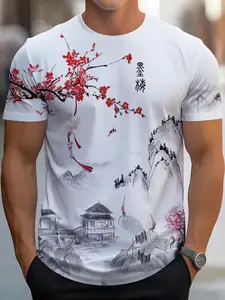 Men's Chinese Style Plum Blossom Print Round Neck Short Sleeve T-Shirt, Casual Summer Tee, Daily Wear and Vacation