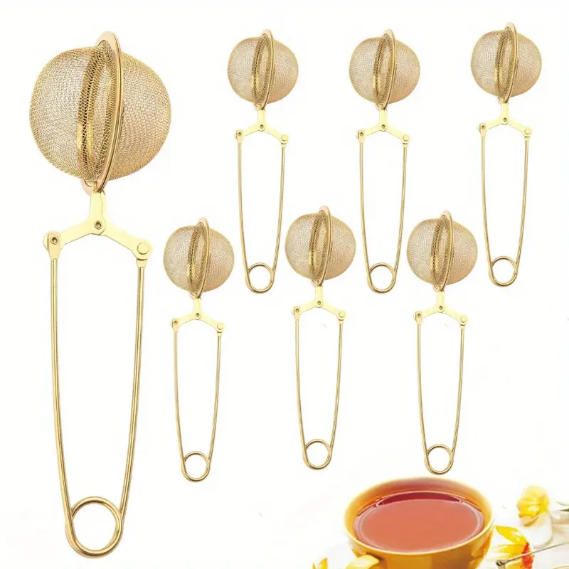 6 Pieces Snap Tea Ball Infuser with Handle, Premium Stainless Steel Fine Mesh Screen Tea Strainer Filters Colander Cullender Sieve Infusion Steeper Maker for Loose Leaf Tea Herbs, Golden