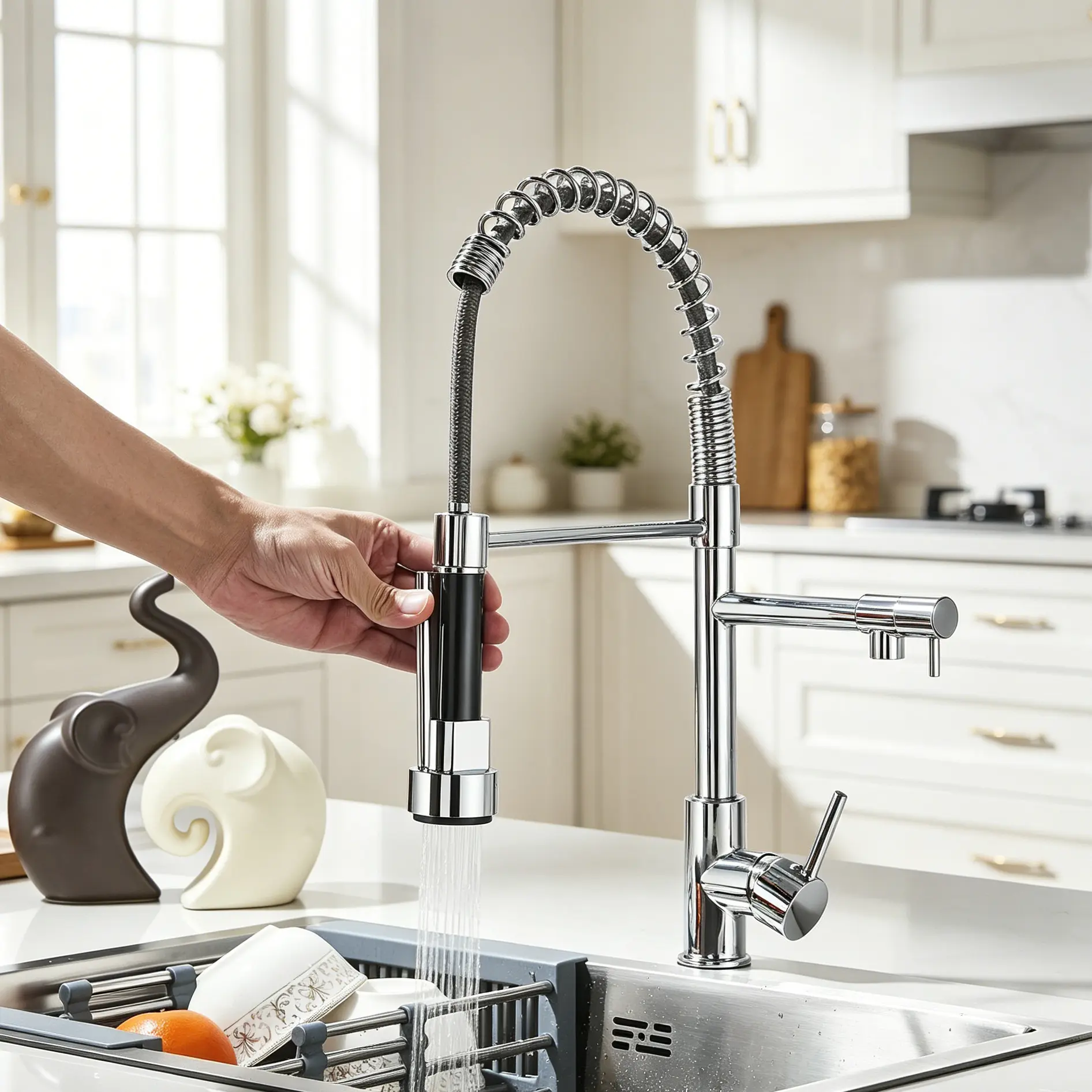 Kitchen Faucet With Pull-down Spray,Single Handle Dual Spout Commercial Kitchen Sink Faucet High Arc Spring Faucet 1Hole Deck Mount,Suitable for Farmhouse Camper Laundry Rv Bar