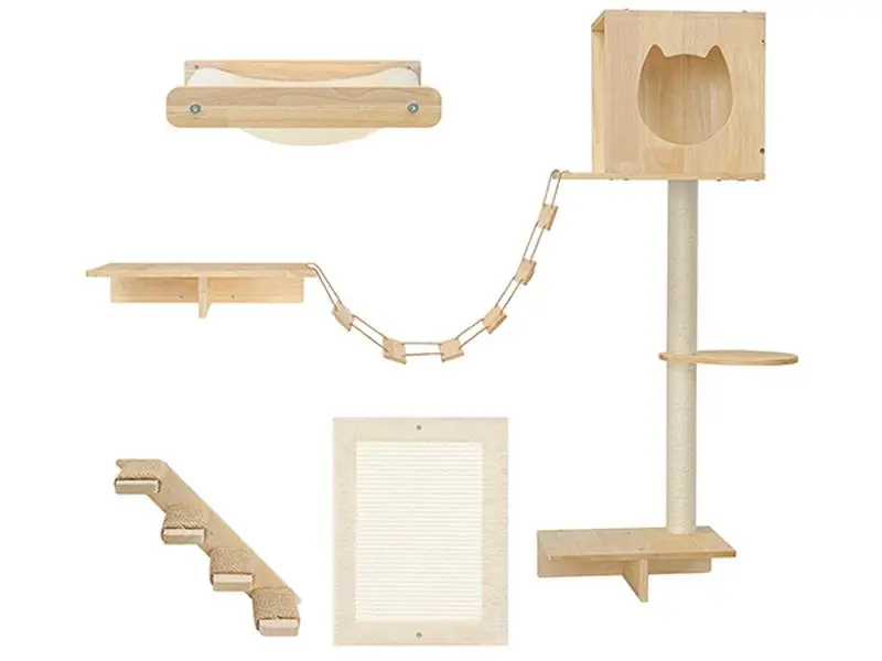 HOOBRO Wood Cat Wall Shelves, Set of 5 Cat Wall Furniture, Cat Corridor, Cat House, Cat Plush Hammock, Scratching Board and Cat Climbing Shelves, Sturdy, Durable and Safe, Natural #SummerVibes