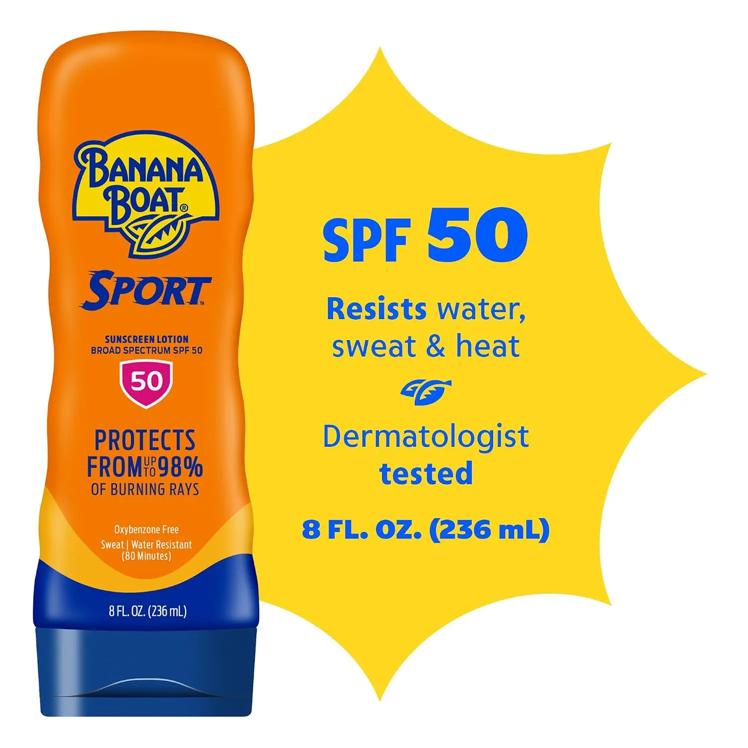 Banana Boat Sport SPF 50 Sunscreen Lotion, 8 Fl Oz | Sweat and water resistant sunblock lotion, UVA/UVB broad spectrum protection, Lightweight formula, Outdoor use