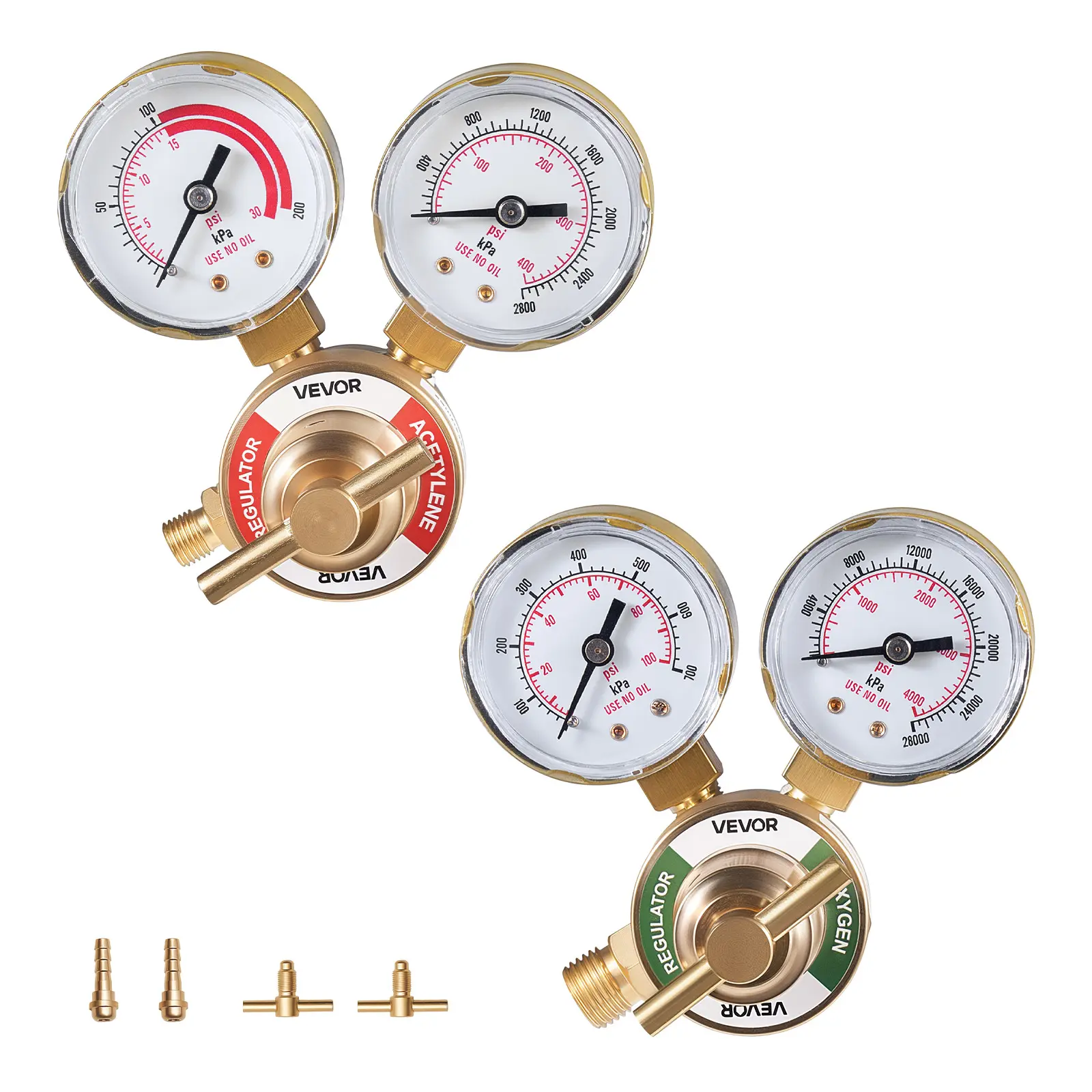 VEVOR Oxygen Acetylene Regulator Set, Oxy-Acetylene Regulators, 0-4000PSI and 0-400PSI Welding Gas Gauges with CGA-540/CGA-200 Inlet Connection & 9/16"-18 Outlet Connection, T-Handle Adjustment