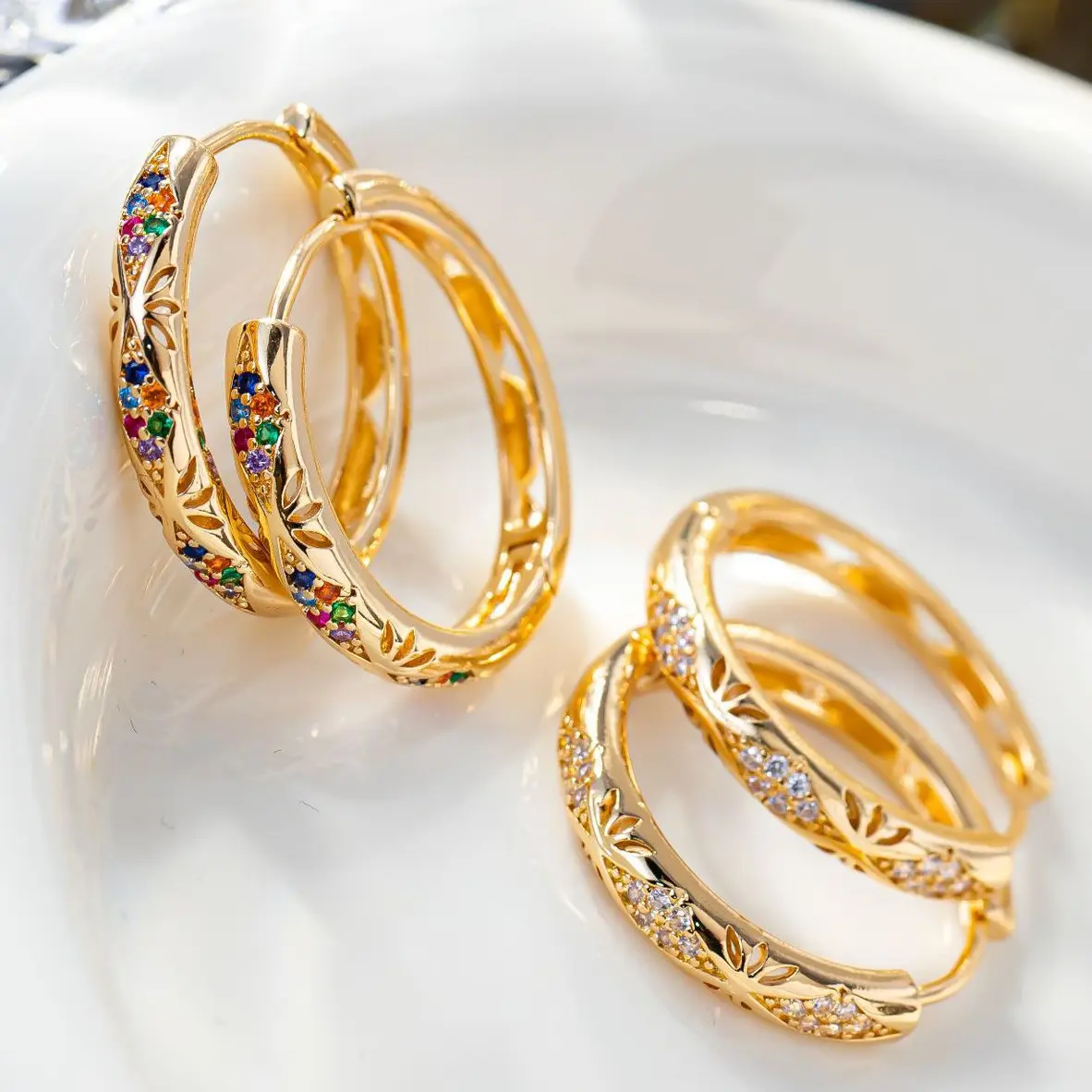 18K Gold Plated Colorful Zirconia Hoop Earrings set - 2026 Long-Lasting Shine Elegant Trend daily Jewelry for Women - Boho Rainbow Filigree Hoops Gift for Her Sparkling Anniversary Jewelrys