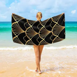 Beach Towel 31"x71" Golden Fan Japanese Camping Towels Microfiber Beach Towels Sand Free Quick Dry Lightweight Travel Towels for Adults Women Men Girls