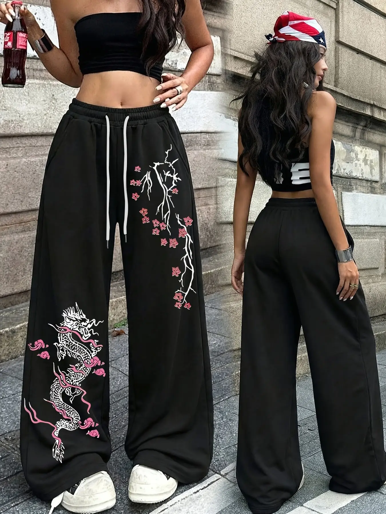 Women's Streetwear Baggy Wide Leg Sweatpants Bottom with White Dragon & Pink Cherry Blossom Print, Elastic Waist Drawstring Adjustable Casual Trousers for Fashion Outfits