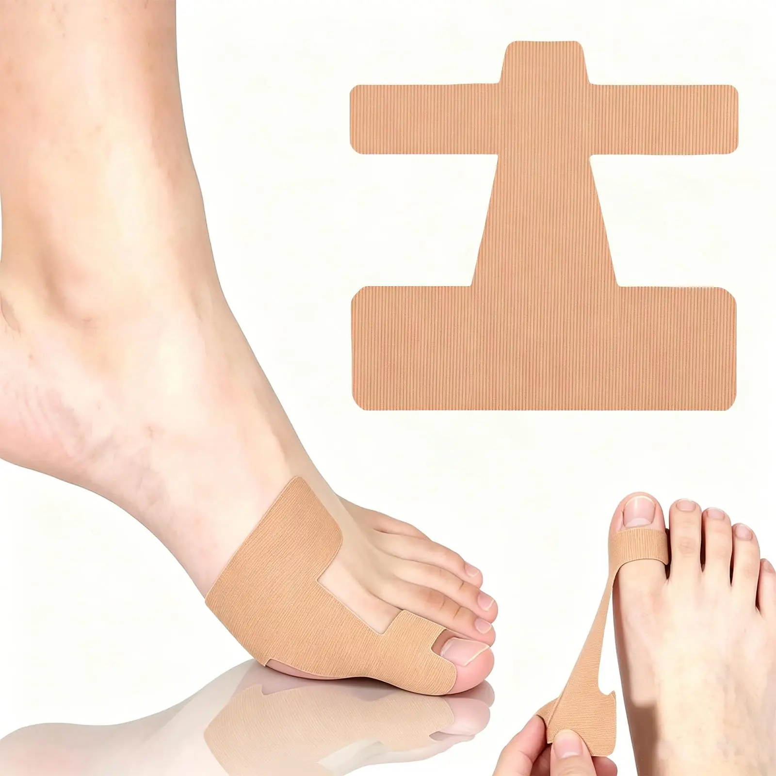 60PCS Pre‑Cut Bunion Corrector Kinesiology Tape– Elastic, Breathable & Hypoallergenic Latex-Free Toe Support Strips, Waterproof Adhesive Foot Support Patch for Hallux Valgus Correction