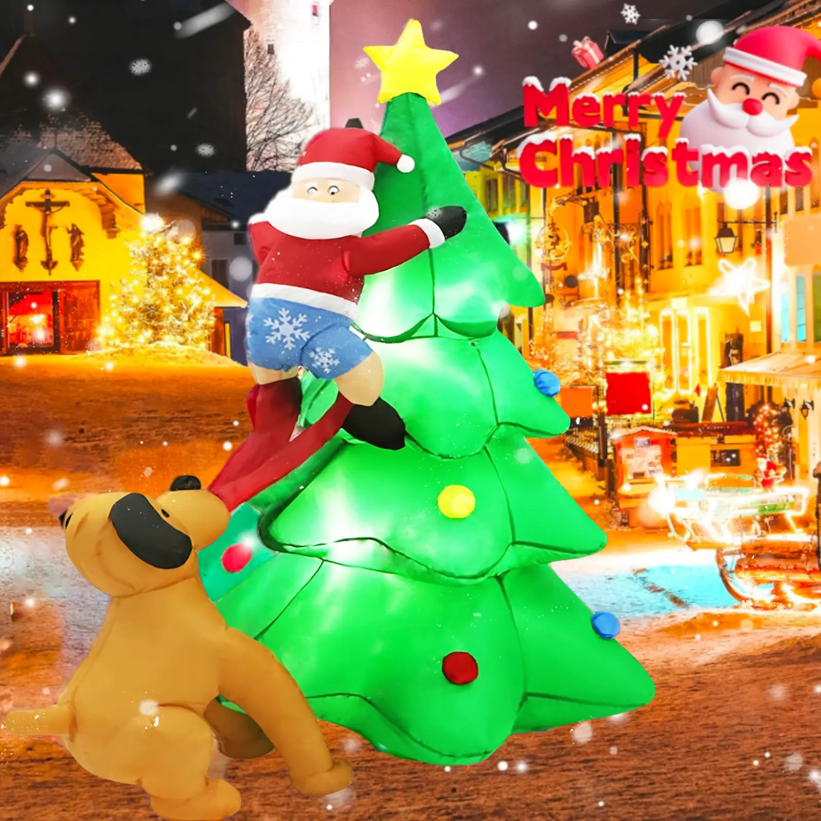 6FT Whimsical Polyester Christmas Inflatable Tree with LED Lights - Santa Claus Chased by Dog, Sandbag Stability, Indoor/Outdoor Yard Patio Decor, Christmas Decorations, Santa Logo & Tree Shape Outdoor Holiday Decor, Light Up Your Space