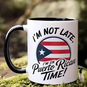 Exquisite Casitika Puerto Rican souvenir. 11 ounce Puerto Rican coffee cup. Puerto Rican gift with Puerto Rican flag and Coqui frog.