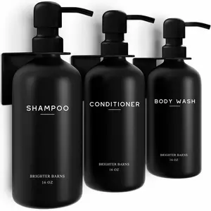 Black Shampoo and Conditioner Dispenser Set Wall Mounted by Brighter Barns - 3 Chamber No Drill Shampoo Bottles for Shower Wall - Refillable Plastic Shower Soap Dispenser for Airbnb, RV, Hotel (Black)