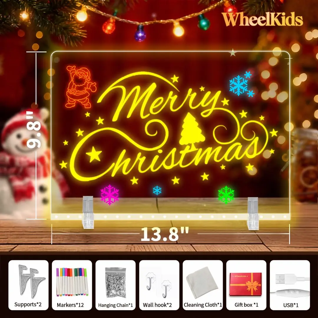 WHEELKIDS LED Light Up Drawing Board  Adjustable Brightness Acrylic Dry Erase Note Board, Versatile Installation Glow Message Tablet with Markers, Creative Learning Toy & Room Decor Gift summerwins
