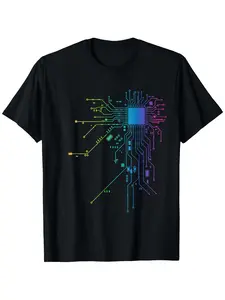 Graphic T-Shirt for Men And Women Featuring a Tech Geek Computer CPU Circuit Board Design - Made from 180G Heavyweight with a Crew Neck And Short Sleeves Available in Sizes S-2XL in Black with Same Style for Men and Women 2026 Summer Short-sleeved