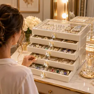 5-Layer Jewelry Organizer Box with Clear Lid – Large Capacity Velvet Jewelry Storage for Rings, Earrings, Necklaces & Bracelets, Stackable Accessory Organizer & Travel Jewelry Case for Vanity, Dresser & Women Gifts elegant