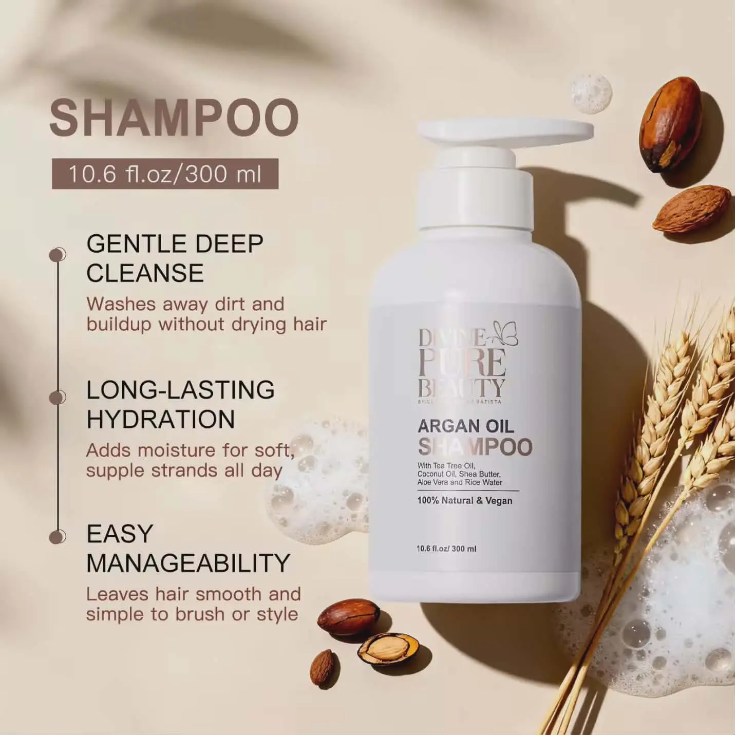 Divine Pure Beauty Argan Oil Hydrating Shampoo, Nourishing Vegan Formula with Tea Tree, Coconut & Rice Water, Gentle Daily Cleanser, 300ml, Liquid