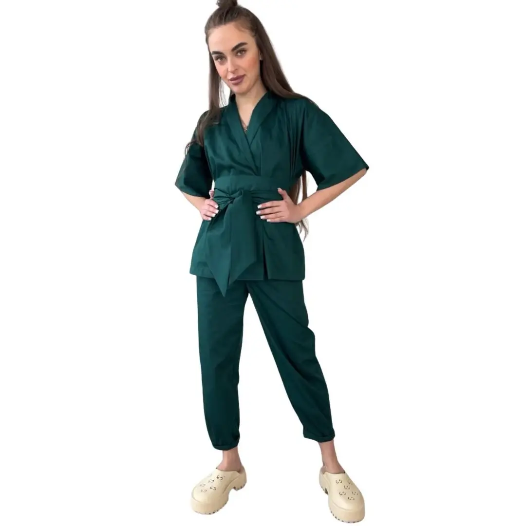 Two-Piece Cotton Scrubs Women's Set -High quality V-Neck Scrub Top with amazing belt and Pants with two Pockets Womenswear