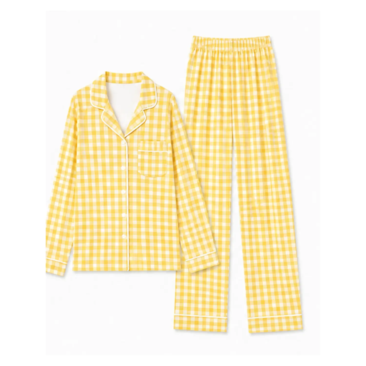 Black Checkered Long Sleeve Button-Front Pajama Set – Collared Top & Straight Leg Pants, Warm Cozy Sleepwear for Autumn Winter