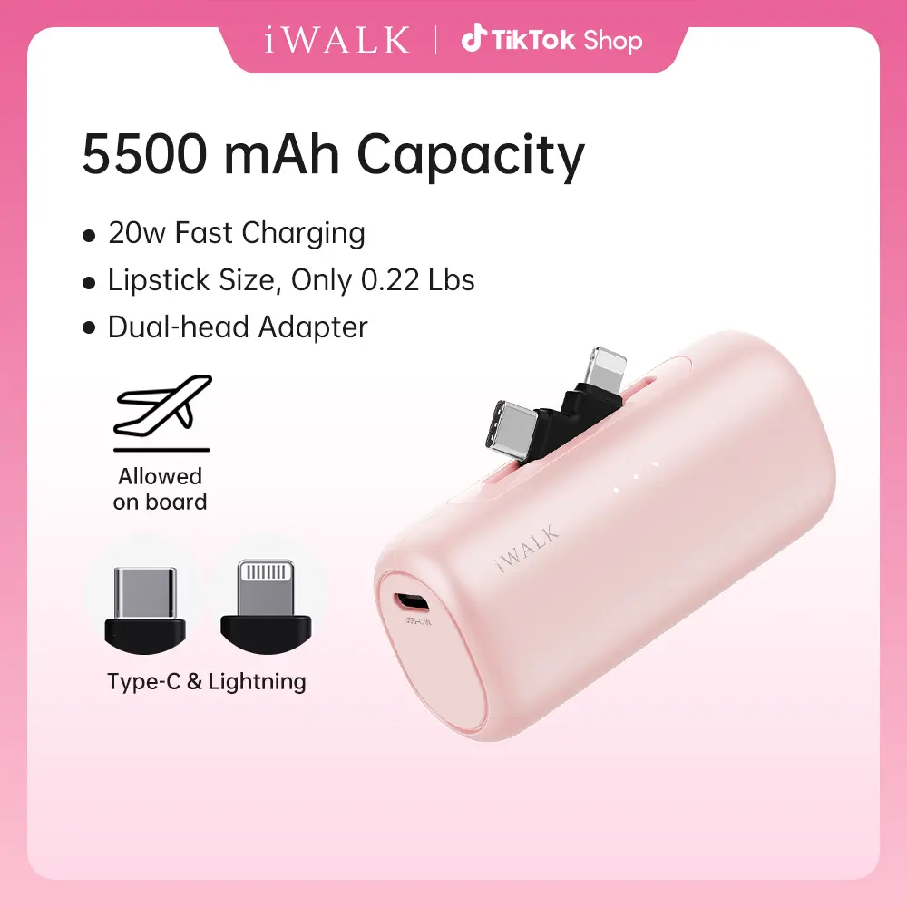 iWALK Plug USB Portable Power Bank, 5500mAh 2-in-1 USB-C&Lightning Plug, 20W Adaptive Fast Charging, 9 Safety Layers Protection, 2-Port Rechargeable Battery Power Bank for iPhones, Smartphones & Cellphones summerwins,summerwins,back to school tiktokshopba