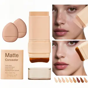 Double-Ended Foundation Stick with Brush & Concealer End, Perfecting Complexion Stick, High Coverage Portable Makeup, Includes 2 Finger Sponges, Long-Lasting Waterproof, Concealer and Foundation, High Quality Cosmetics