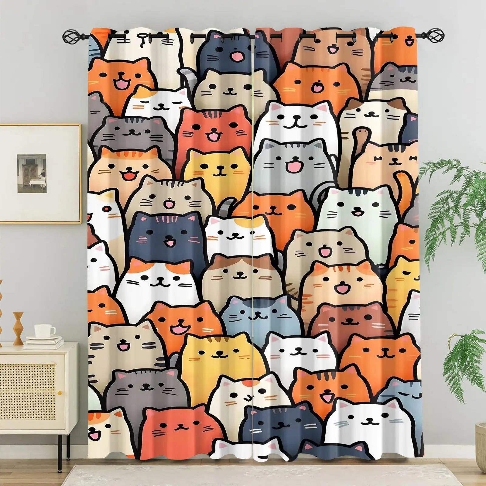 Set of 2 Cute Cartoon Cat-Print Blackout Curtains Soft and Adorable Cat themed Curtains Made from Blackout Fabric, Perfect for Living Rooms and Bedrooms a Special Home Decor Gift Loved by Animal Lovers