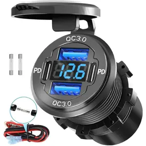 78W Quad-Port 12V USB Outlet-Dual QC3.0 & PD3.0 Quick Charge Car Charger Socket with Voltmeter, Aluminum Alloy Waterproof USB C Port For Car,Boat,Marine,Motorcycle,RV,Truck,ATV,Golf Cart