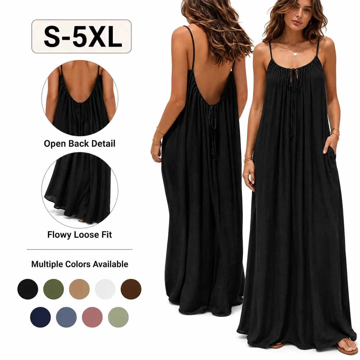 Women's Open Back Maxi Dress with Pockets, Spaghetti Strap Loose Flowy Sundress, Tie Front Backless Long Beach Vacation Dress, Casual Summer Boho Plus Size Dress maxi dress, S-5XL Elegant Solid Color Cami Lounge Dress