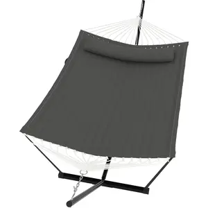 Heavy Duty 450LB Capacity Double Hammock with Steel Stand, Complete Set Includes Pillow & Balance Rope for Patio Backyard and Poolside, Weather Resistant Outdoor Relaxation