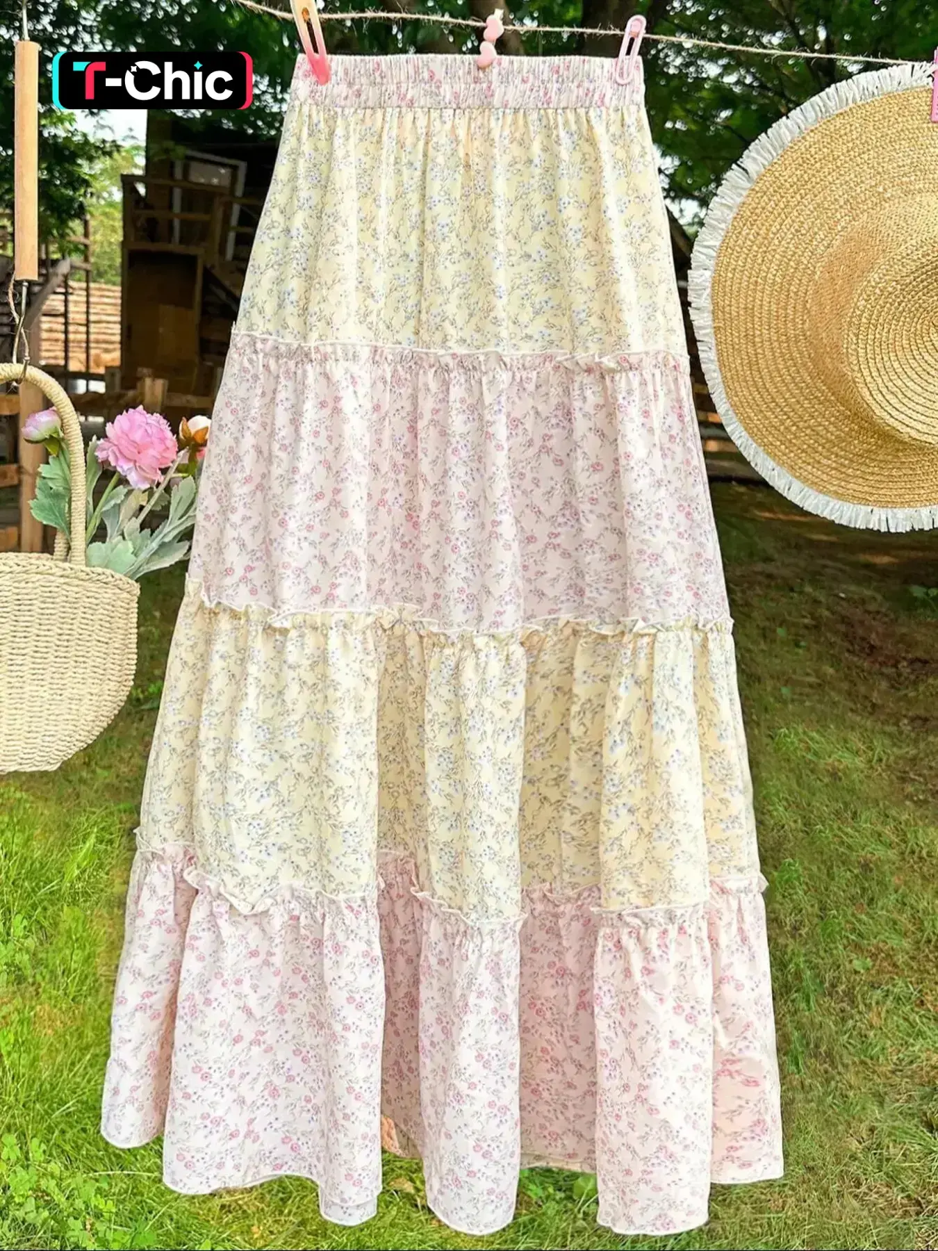 Women's Colorblock Floral Print Casual Boho Style Bohemian Aesthetic Woven Long Fitted Dress, Simple Daily Wear, Elegant Ladies' Clothing, Perfect for Spring, Summer & Fall Seasons, Skirt, Womenswear