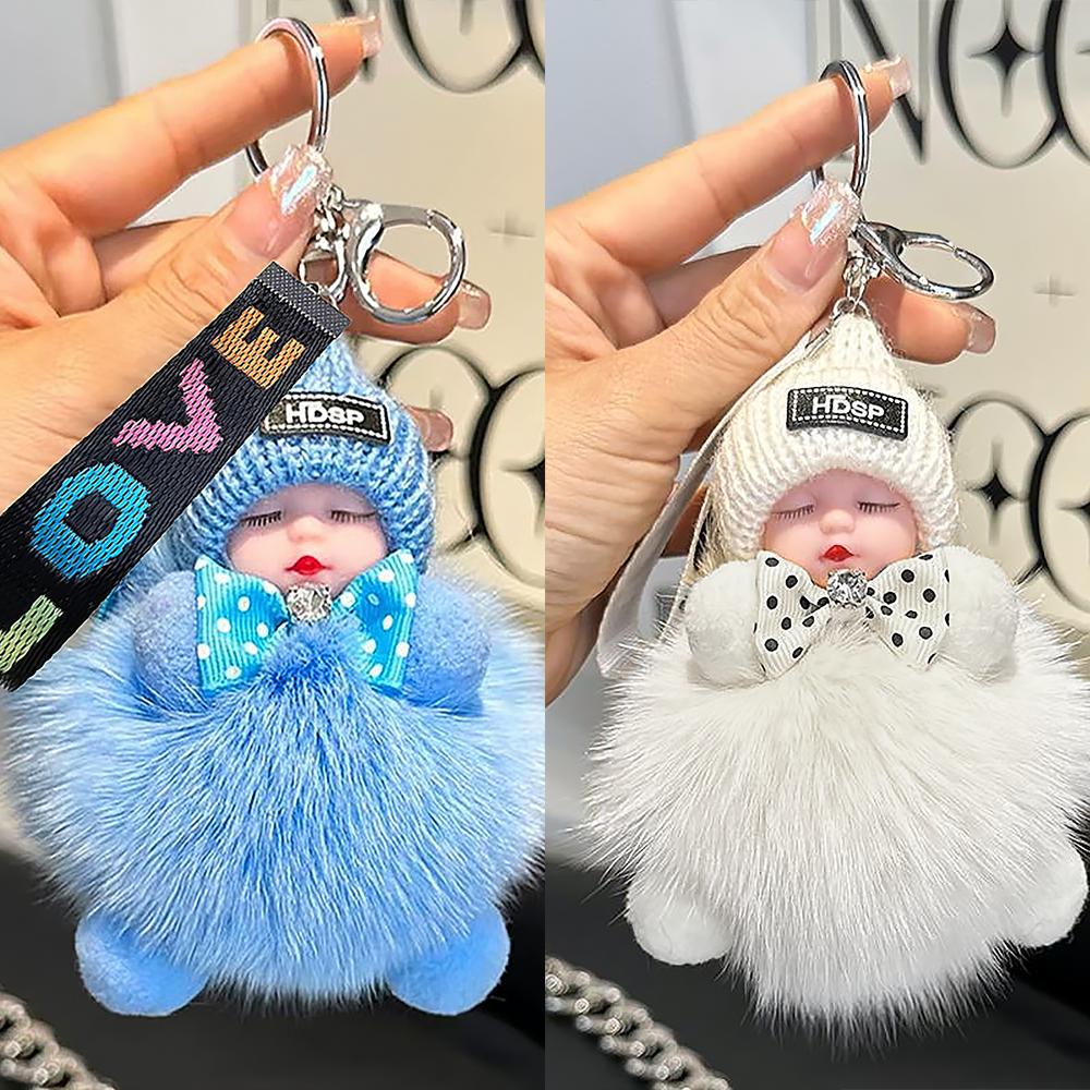 2Pcs Fluffy Kawaii Doll Keychain Cute Sleeping Baby Pendant Bag Charm Car Keychain Buckle Home Hanging Decor Backpack Accessory Adorable Viral TikTok Gifts for Women Girls Aesthetic Soft Fur Toy