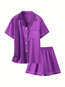 Kids Satin Pajamas Set - Cute Solid Deep Purple Short Sleeve Top and Shorts 2 Piece Sleepwear for Toddler Girls Boys, Ultra Soft Silk Button Down Pjs Loungewear with Contrast Piping, Perfect for Summer Nightwear Pajama Party, Cozy Homewear Luxury