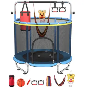60" Trampoline for Kids with Safety Net, 500lbs Indoor & Outdoor Toddler Trampoline with Swing, Adjustable Gym Bar & Basketball Hoop, Fun & Active Play for Boys & Girls
