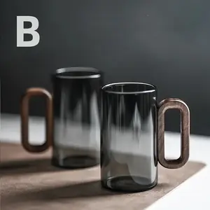 High Borosilicate Heat Resistant Glass Water Cup - 2pcs/6pcs Set with Smoke Green Wooden Handle - Transparent Black Walnut Tea Cup, Stylish Coffee Mugs, Pearl Packaging, Safe Transportation