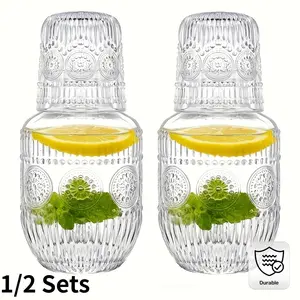 Elegant Glass Bedside Water Jug and Cup Set, Transparent Glass with Lid, Durable Modern Decorative Drinkware, Bedroom Office Nightstand