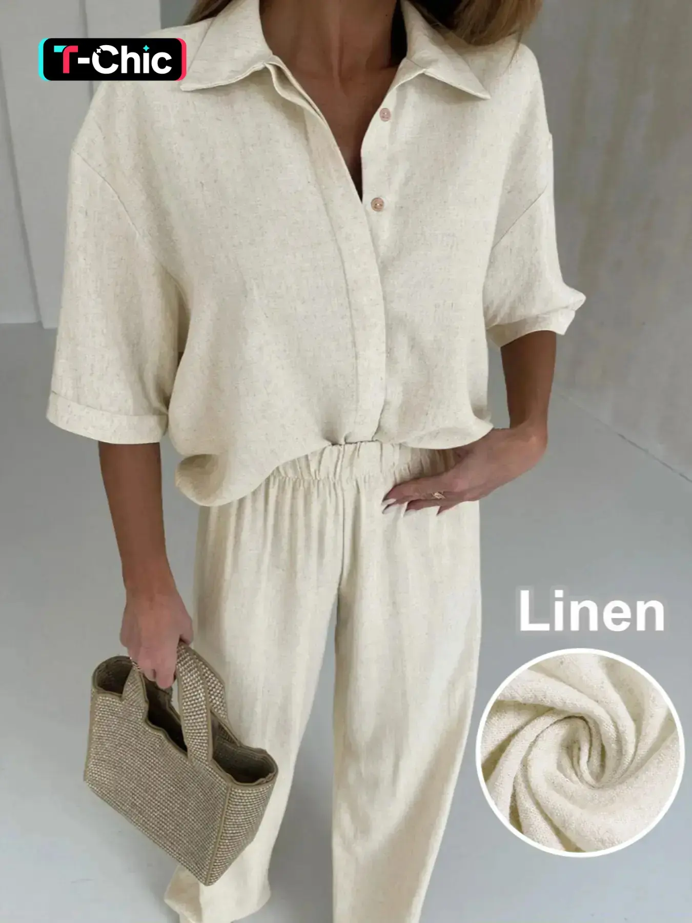 Women's Linen Basic Breathable Woven Short Sleeve Shirt & Pants Set, Womenswear Suit Relaxed Fit and Casual Style Outfit for Everyday Wear