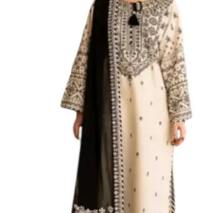 Pakistani Off White Lawn 3PC Embroidered Dress Womenswear Long Sleeve