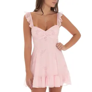 Women Lace Dress Tie-up A Line Color/Floral Print Ruffles Straps Fairy Mini Dress Party Dresses