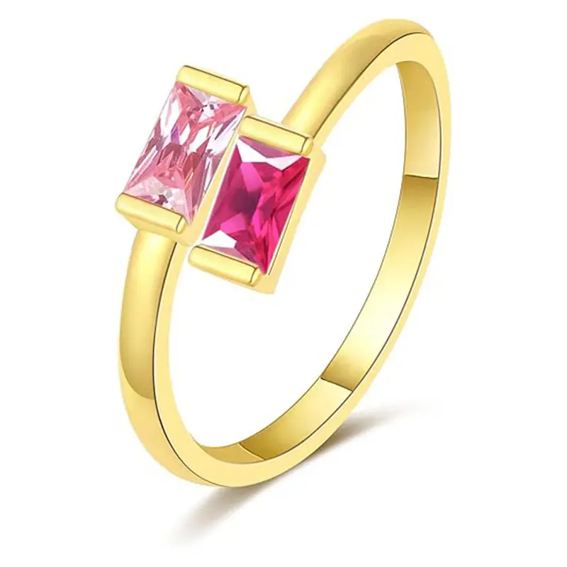 Women's Gilded Grace Adjustable 14K Gold Plated Open Baguette Promise Ring - Emerald Cut Cubic Zirconia, 2-Stone Dainty Stackable Birthstone Gold Ring, 1 Size Fits All, Christmas Gift Stocking Stuffer, Gold Rings