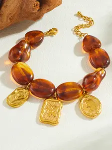 Stainless steel vintage chunky amber resin charm high quality bracelet for women