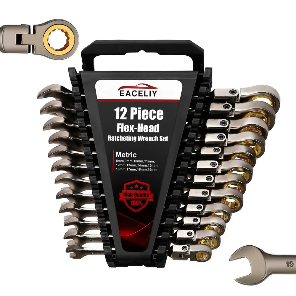 12PCS 180°Flex-Head Metric Ratcheting Wrench Set - 72-Teeth CR-V Steel 8mm-19mm Combination Speed Wrenches, Heavy Duty Hardware Hand Tools with Rack Tray Organizer for Home Projects, Bicycle Repair