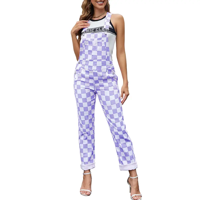 ODEFOU Women's Vintage Plaid Cotton Blend Jeans Jumpsuit - Sleeveless, Stretch, Adjustable Strap Buckle, All-Season Wear, Loose-Fit Cut, Casual Bib Overalls with Pockets, Purple Checkered, Machine Wash, Lumbar Support, Mother's Day Gift
