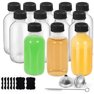 12-Pack 2oz (60ml) Leakproof Round Shape Glass Boston Bottles with Lids, Includes Funnel, Brush, Labels - Decorative Look Mini Travel Storage Bottles for Ginger, Juice - Home Supplies Organizer,summervibes