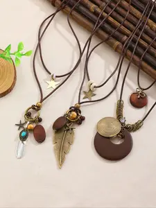 3pcs Chinese Zen Style Long Necklace for Women, Retro Star, Feather & Bowknot Multi-Pendant Jewelry, Elegant National Style Accessory, Exquisite Jewelry Gift, Fashionable Jewelry