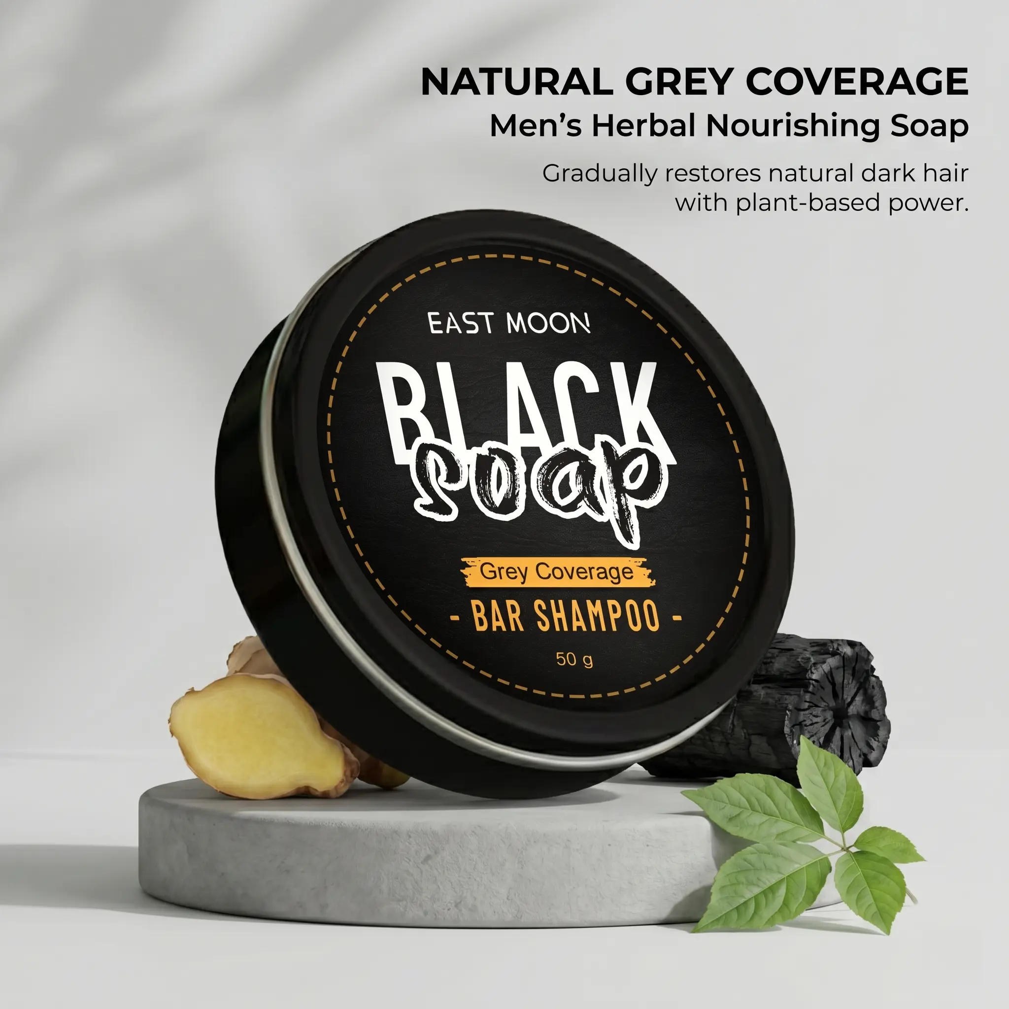 Men's Gray Reverse Shampoo Bar with Ginseng & Activated Charcoal, Plant-Based Hair Products for Nourishing Beard & Scalp, 50g