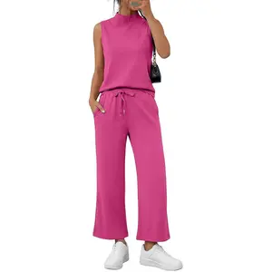 Womens 2 Piece Sets Sleeveless Mock Neck Summer Lounge Sets Wide Leg Crop Pants 2026 Vacation Travel OutfitsGift