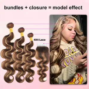 Rovess Body Wave Bundles Human Hair Honey Blonde Human Hair 18 20 22 Inch Soft and Healthy 100% Unprocessed Brazilian Virgin Remy Hair Double Weft for Women P4/27