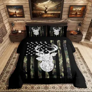 Feelyou Boys' Camo Bedding Set - Army Green Camo Print Duvets with American Flag Deer Hunting Comforter, Rustic Farmhouse Woodland Animal Quilt, Soft Comfy Lightweight Printed Blanket, Skin-Friendly Breathable Bedding