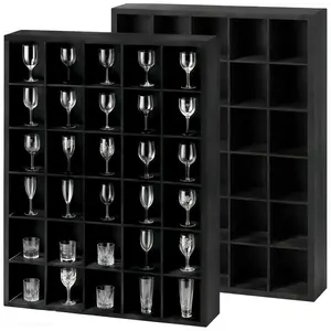 Garvee 2 Pack Shot Glass Display Case - Black Wooden Wall Mounted Shadow Box with 30 Slots & 2 Removable Shelves, Adjustable Shot Glass Shelf for Collectibles, Thimbles, Miniatures, Bar Decor