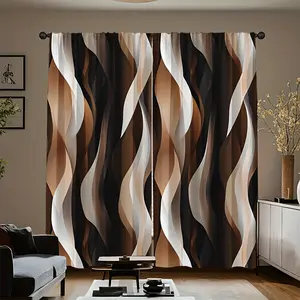 2-Piece set, dark brown and light brown wavy lines abstract design printed curtains, simple and elegant, for living room, bedroom, study home decoration, suitable for a variety of home styles. An excellent choice for holiday decoration, Window Curtain